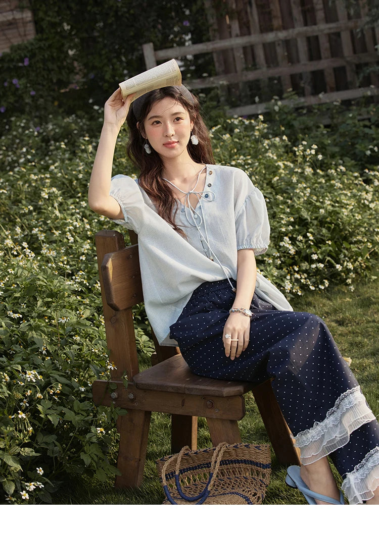 MISHOW French Summer Blouses Women Solid Short Puff Sleeve V-neck Lace-up Design Shirts Female Fashion Straight Tops MXE33X1743