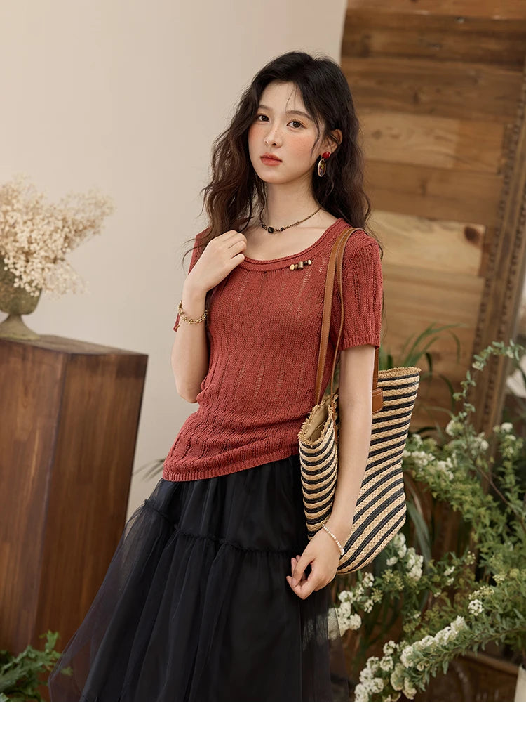 MISHOW Retro Red Hollow Thin Knitted Sweater Shirt for Women 2025 Summer Beads Short Sleeves Knitted Breathable Top MXE35Z1271