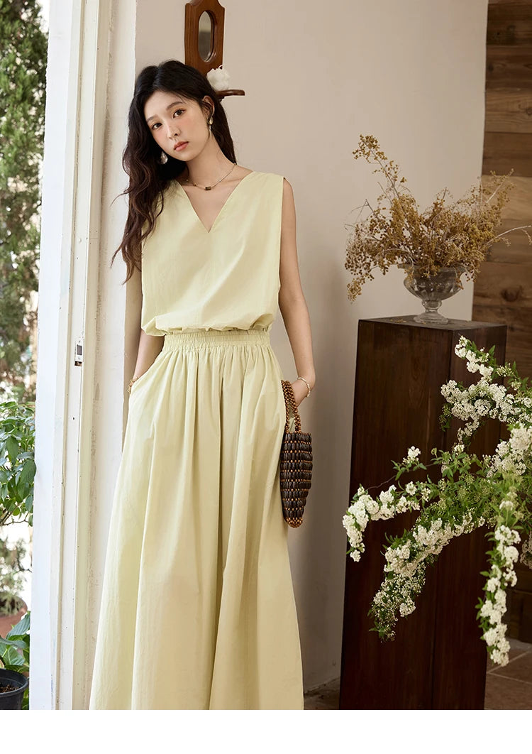 MISHOW Office Lady Solid Blouses Skirts Sets Women Summer 2025 V-neck Sleeveless Vest Elastic Waist Loose Skirts Sets MXE34T0604