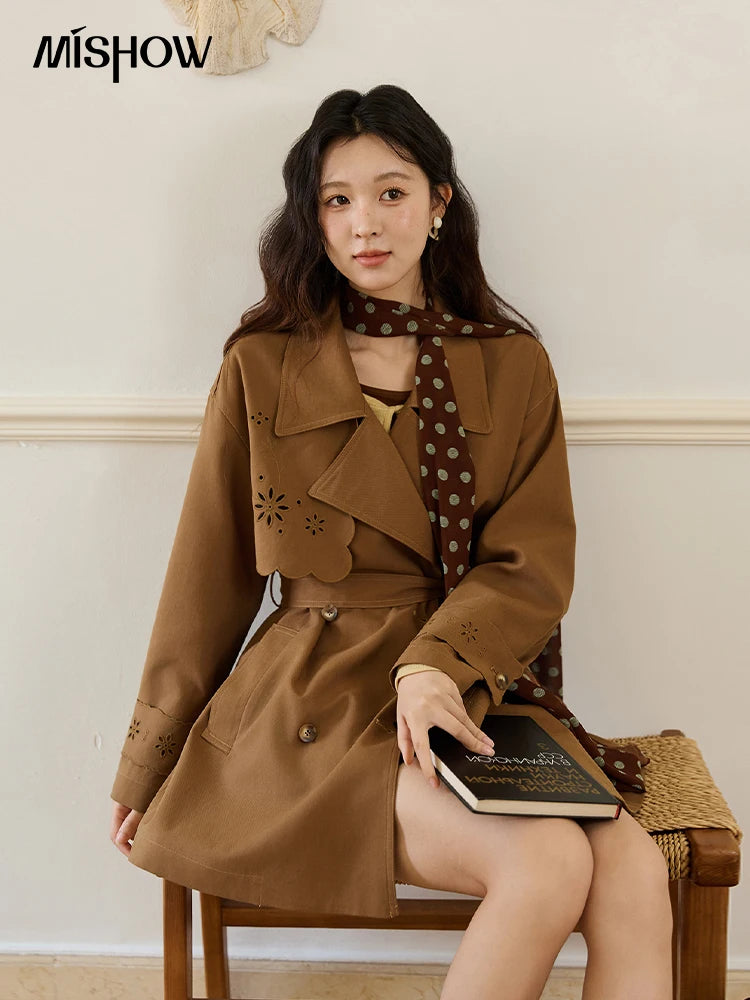 MISHOW Hollow Flower Trench Coat for Women Autumn 2025 Double Breasted Retro Trench with Slant Pocket Belt Coats MXE46W0838