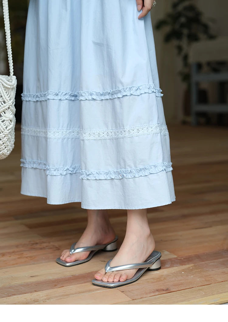 Mishow Blue Lace Mushroom Edge Puff Sleeve Dress MXE38L2348