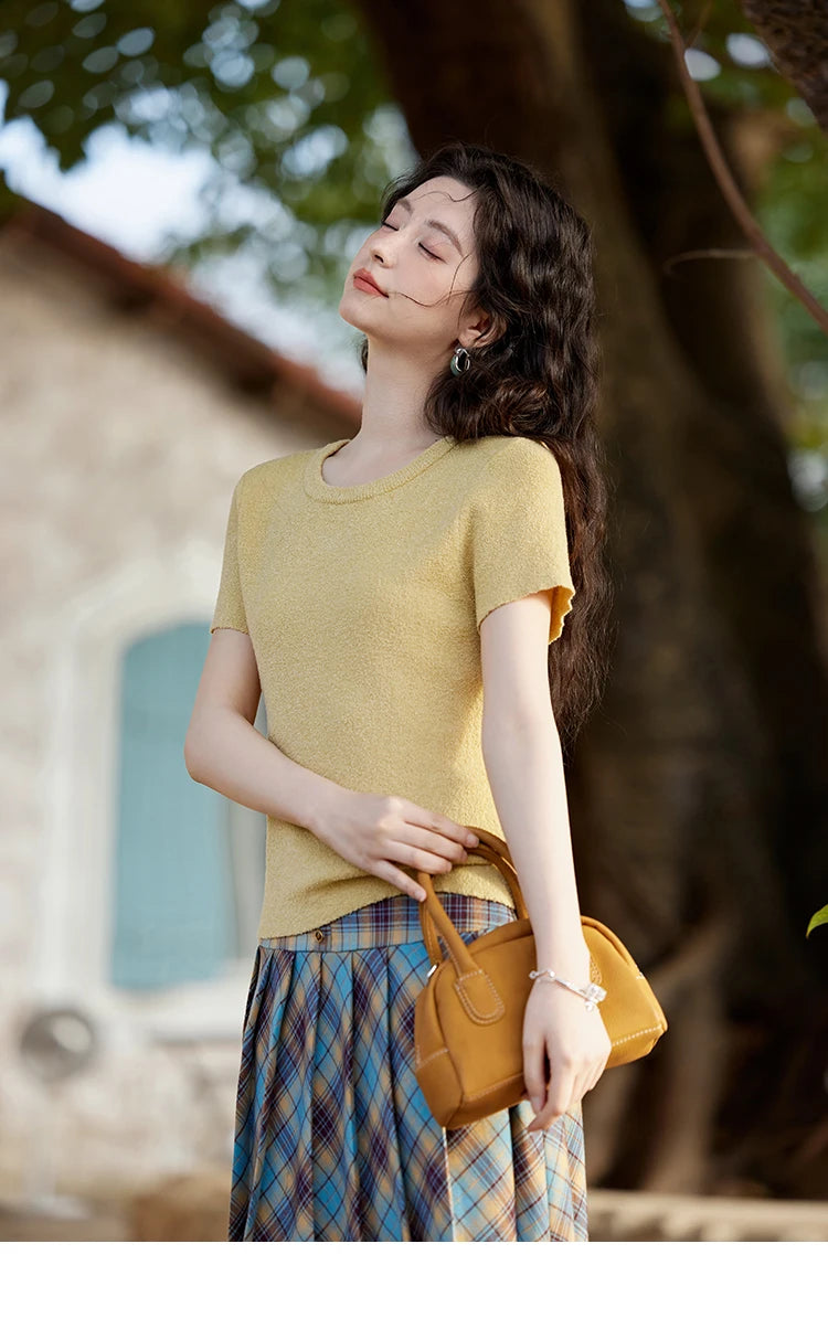 MISHOW Women's Short Sleeved Knitted T-shirt Spring 2025 Korean Minimalist Back Hollowed Out Pearl Buckle Design Tees MXE13Z1072