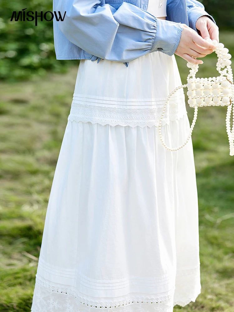 MISHOW French Retro Hollow Lace Skirt for Women Spring 2025 Elegnat 100 Cotton A-line Skirt High Waist Sweet Skirts MXE12B0643