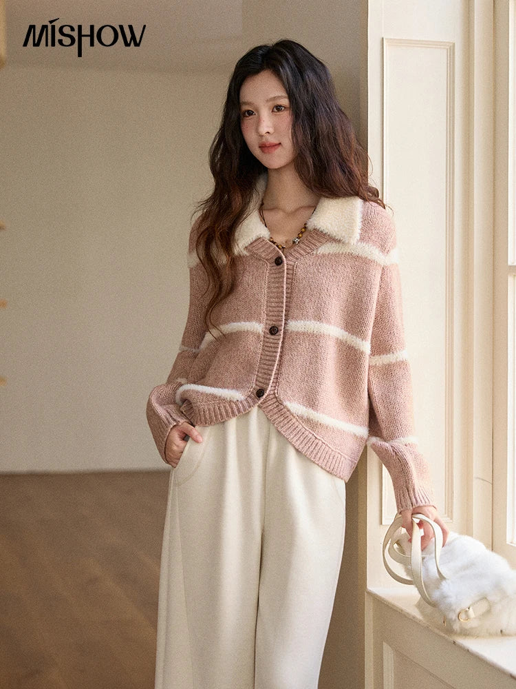 MISHOW Woman Knitted Cardigan 2025 Winter Sweet Style Faux Mink Turn-down Collar Striped Stitching Sweater Commute MXE89Z2668