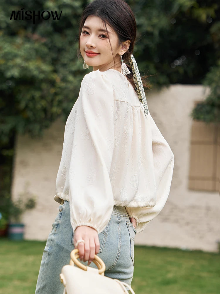 MISHOW Chinese Button Up Single Row Shirt for Women 2024 Spring Jacquard Hem Drawstring Puff Sleeve Solid Loose Top MXD14X1386