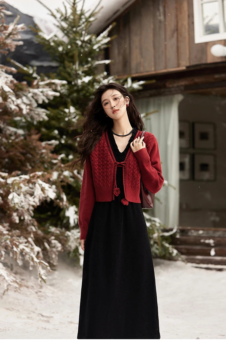 MISHOW Red Knitted Cardigan V-Neck Midi Dresses Separately A-LINE Temperament Grace Dress Flower Lace-up Warm Coat MXD58L2085