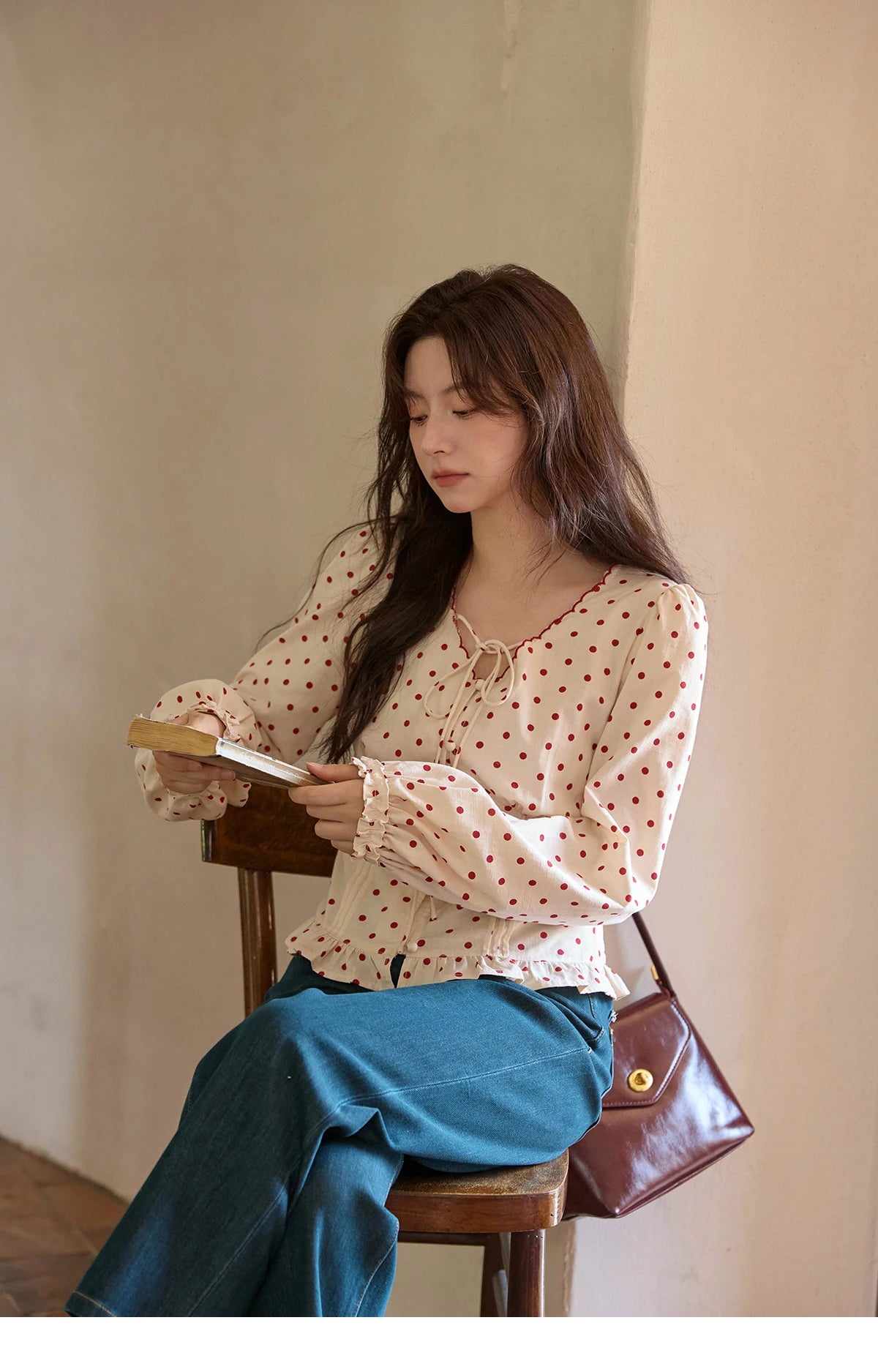 MISHOW Apricot Bottom Red Polka Dot Shirt for Women Autumn 2025 Korean Ruffled Edges Shirts V-neck Lace-up Sweet Top MXE42X1971
