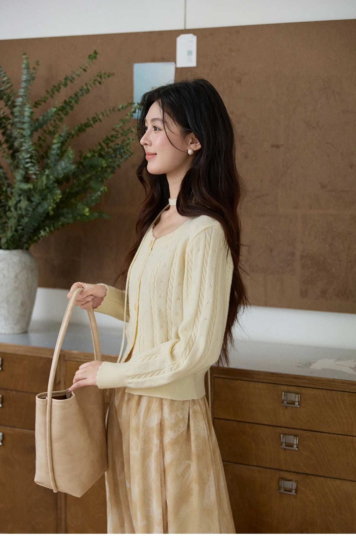 MISHOW Women's Beige Cable Knit Cardigan 2026 Spring Square Neck Long Sleeve Slim Casual Knitwear with Flower Ribbon MXF11Z2903