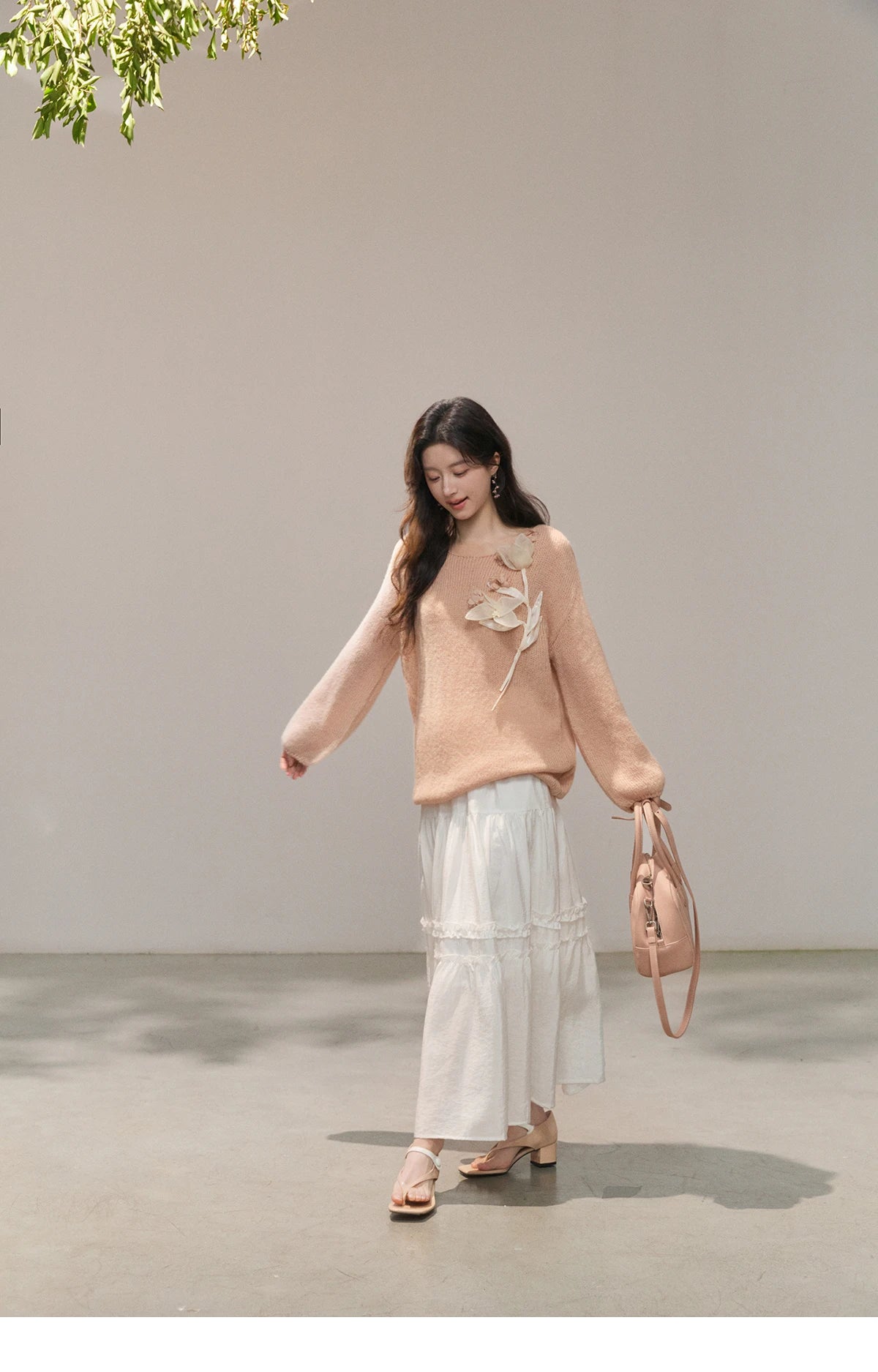 MISHOW 3D Floral Applique Crew Neck Knit Thin Sweater 2026 Spring Loose Casual Elegant Top Soft Pinkish Beige Sweater MXE47Z2649