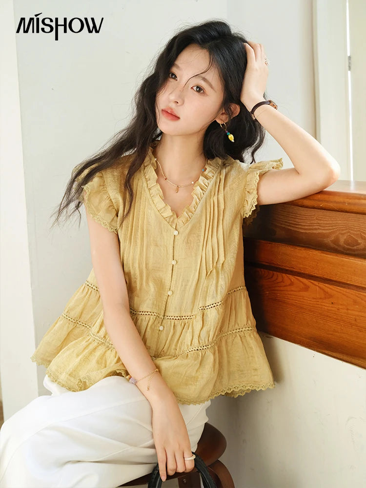 MISHOW Women's Summer Shirt 2025 New Wood Ear V-neck Flying Sleeve Shirt Casual Wrinkle Spliced Button Ladies Top MXE37X1908