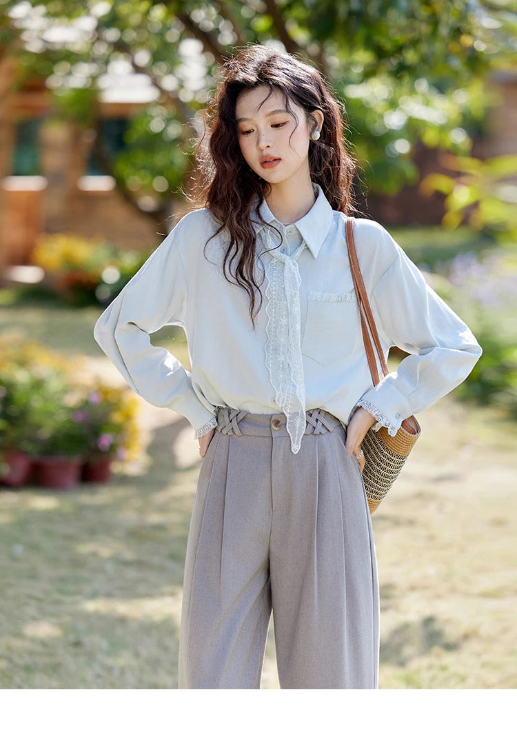 MISHOW French Spring Blouses Women 2025 New Long Sleeve Turn-down Collar Loose Shirts Female Fashion Lace Casual Tops MXE16C0760