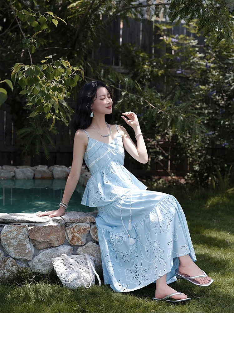 MISHOW Woman 2 Pieces Set 2025 Summer Ladies Fashion Strap V-neck Top Embroidery Flower Hollow Out Drawstring Skirt MXE34T0624