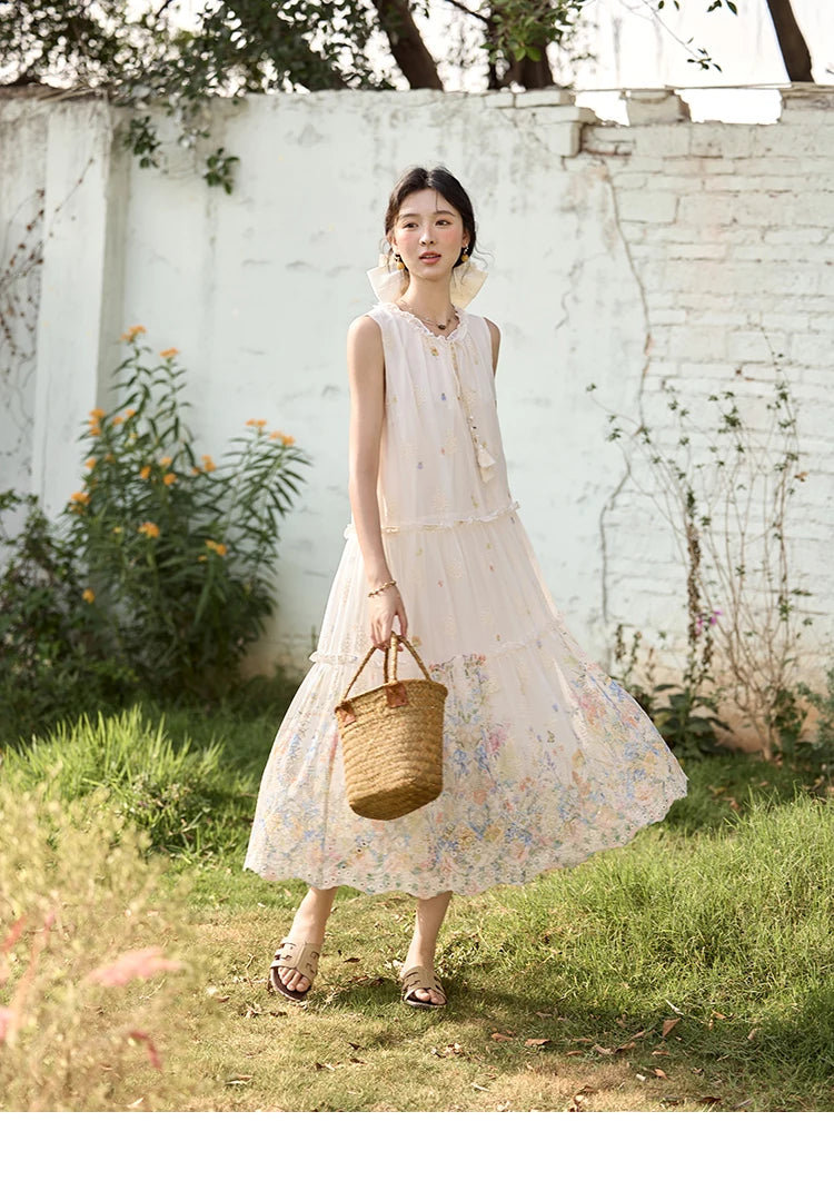 MISHOW Women's Fashion Sleeveless Print Dress 2025 Summer New Mushroom Edge O-Neck Lace Up Tassels Loose Midi Dresses MXE36L2253