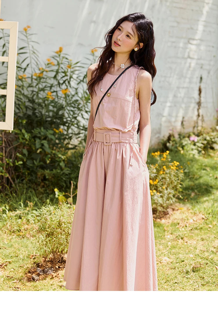 MISHOW Women's Vest Dress 2025 Summer Hand Woven Fried Dough Twists Waist Belt Slim Long Dress A-line Vacation Dress MXE34L2223