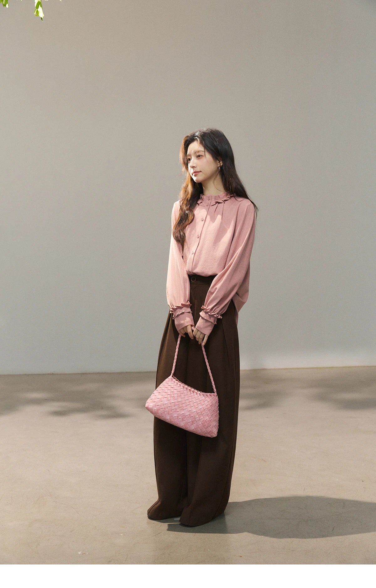 MISHOW Women's Peach Skin Solid Shirt 2026 Spring Ruffled Crew Neck Single-breasted Tops Casual Long Sleeve Shirts MXF11C2431