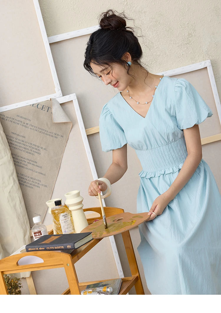 MISHOW French Summer Dresses Women 2025 New Short Puff Sleeve V-neck Solid Cotton Blended Dress Female Slimming MXE34L2288