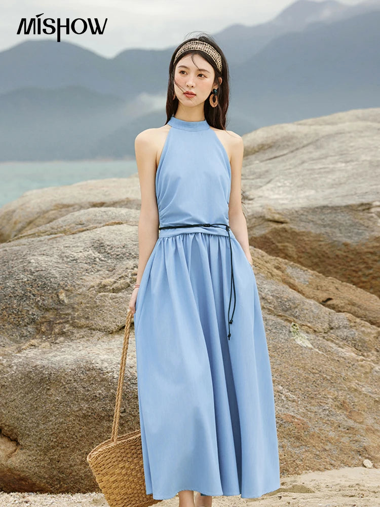 MISHOW Korean Summer Dresses Women 2025 New Sleeveless Halter Neck Slimming A-line Dress Female Fashion Holiday Style MXE31L2221