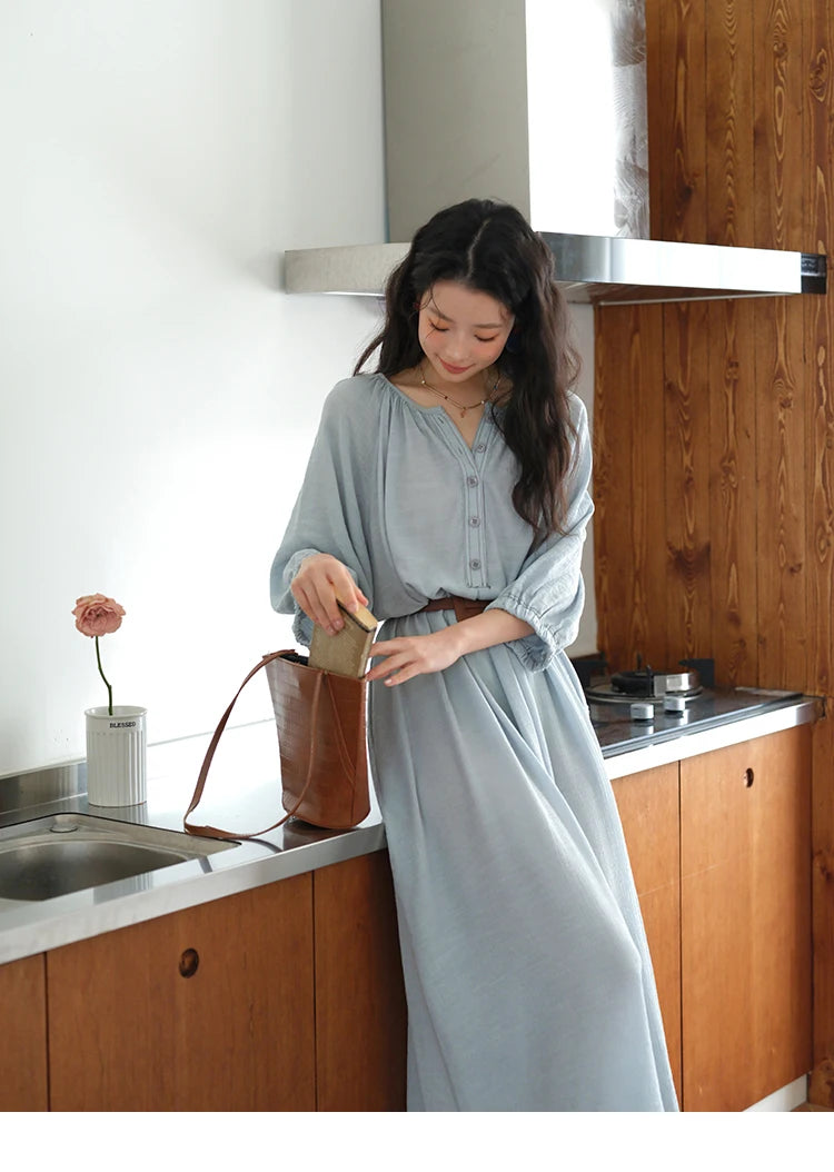 MISHOW Women's Half Sleeve Button Bamboo Knot Dress with Bohemian Belt 2025 Autumn Blue Long Dress Ladies Clothing MXE20L2468