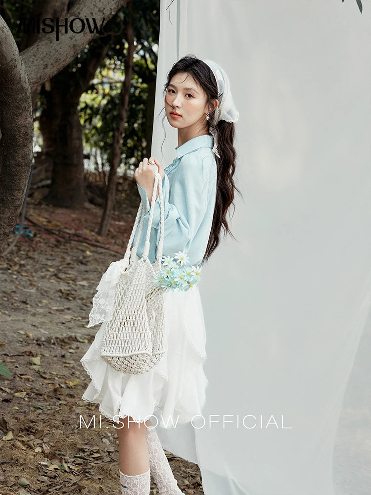 MISHOW Spring New Blouses for Women 2025 V-neck Long Flare Sleeve Solid Shirts Female Fashion Straight Tops Woman MXE14X1730