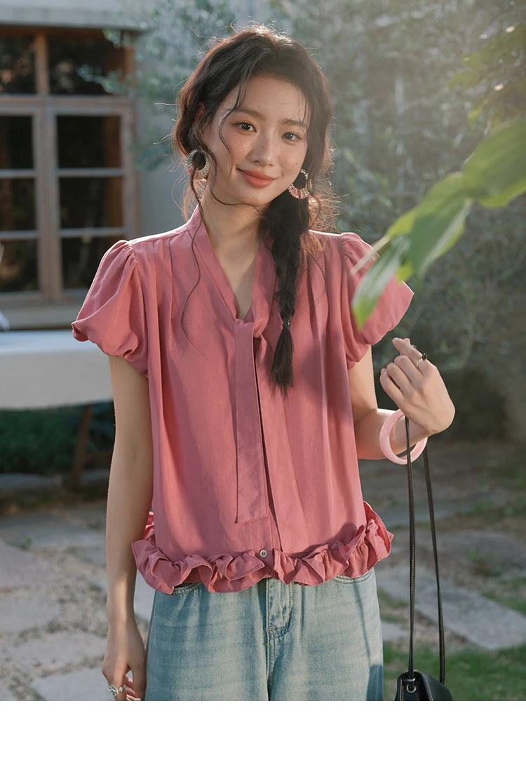 MISHOW Women's Summer V-neck Blouse 2025 New Fashion Puff Sleeve Lace Up Button Sweet Top Casual Female Clothing MXE38X1914