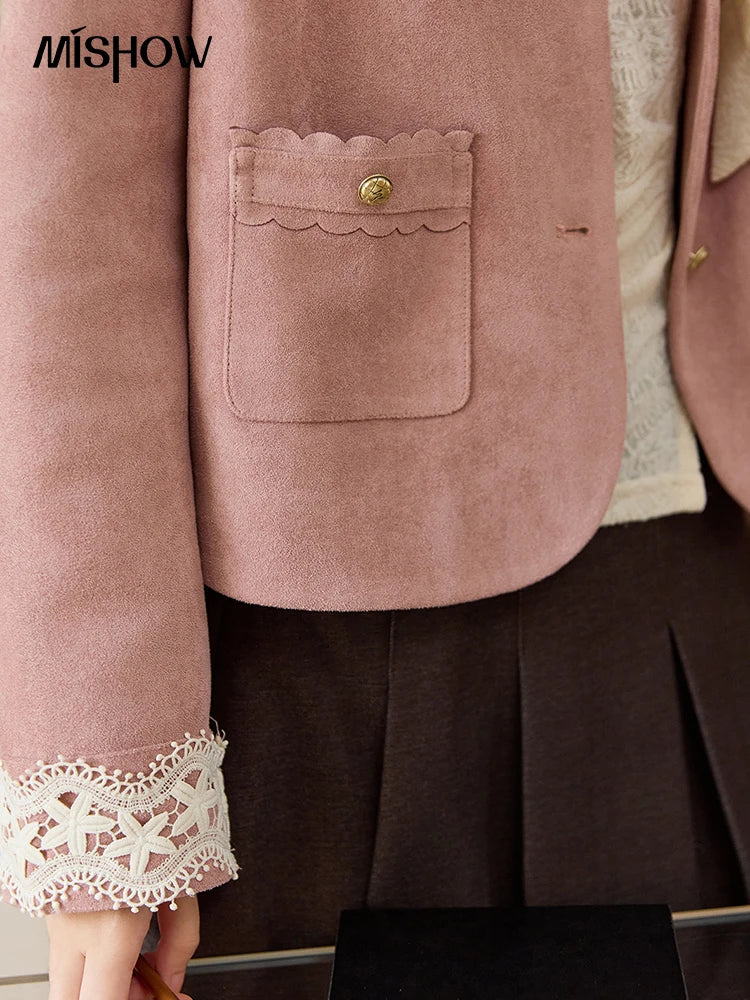 MISHOW Fragrant Suede Jacket for Women Autumn 2025 Cuffs Hollowed Out Lace Short Coats O-neck Metal Button Jackets MXE46W0839