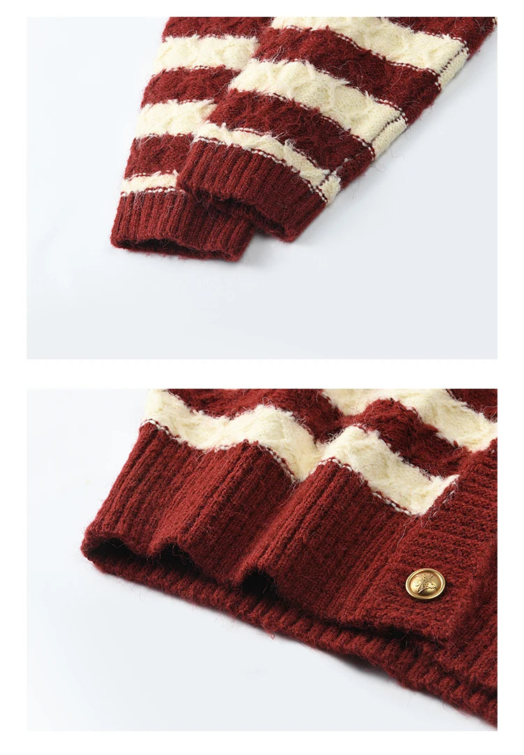 MISHOW Christmas Red Striped Turn Down Collar Cropped Cardigan Thickened Warm Wool Blend Sweater Soft Knitted Tops MXD58Z1038