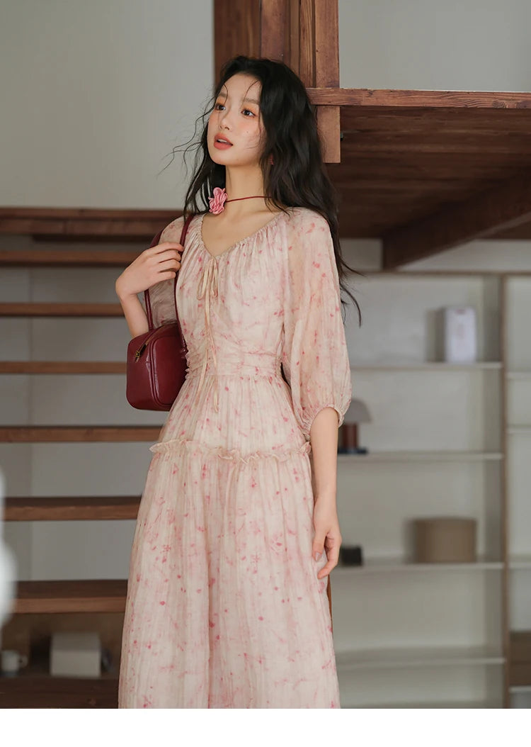 MISHOW Korean Women's Floral Pink Dress Autumn Convertible V Neck Off Shoulder Bubble Sleeves Elastic Waist Dresses MXE41L2479