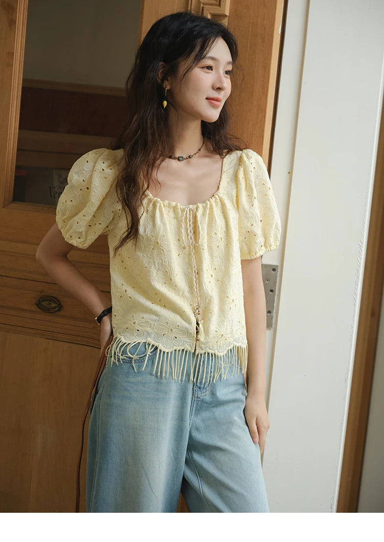 MISHOW Women's Fashion Hollow Out Blouse Summer 2025 Embroidery Puff Sleeve Square Collar Tassel Ladies Casual Top MXE37X1851
