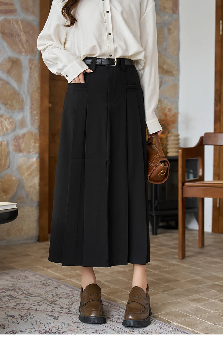 MISHOW Women's Midi Skirt 2023 Autumn Academy Pleated Commuter A-LINE Pockets Solid Split Back Hem Mid-Calf Skirts MXC42B0118