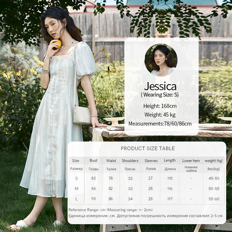 MISHOW Women's Summer Dress 2025 New Fashion Striped Square Neck Spliced Lace Hollow Out Dress Waist Lace Up Dresses MXE39L2403