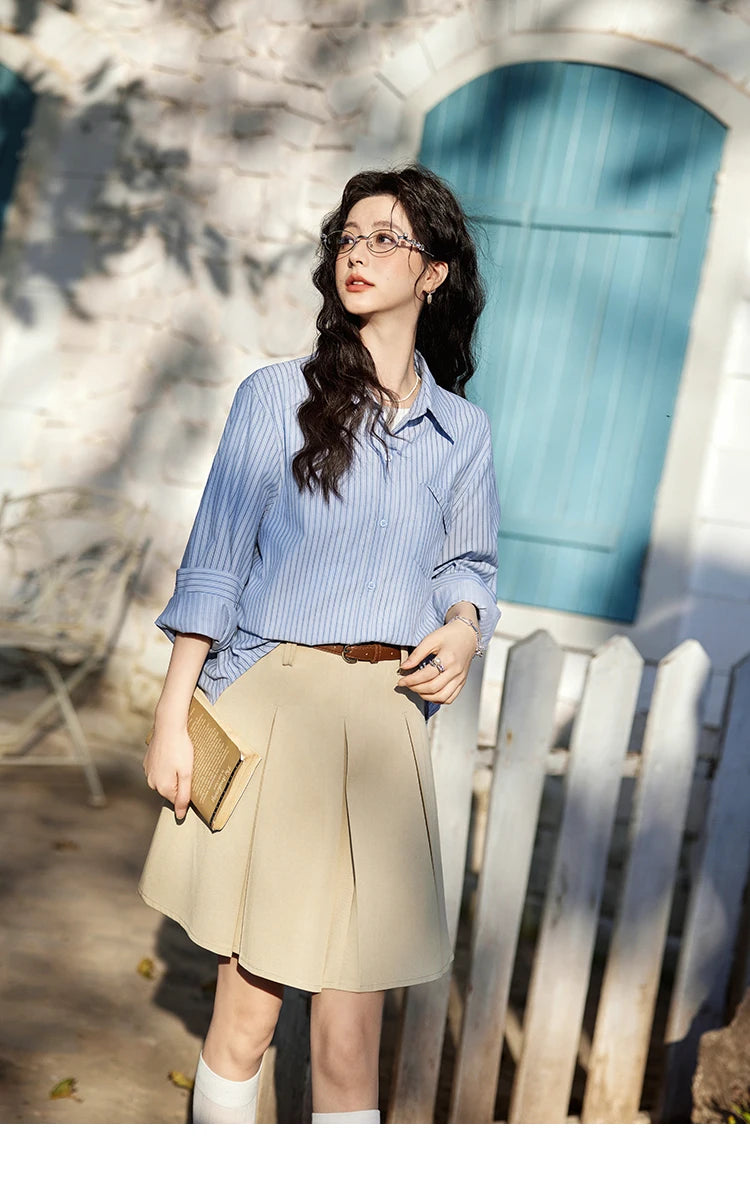 MISHOW Blue Striped Shirt for Women 2025 Spring Versatile Office Lady Tops Pocket Turn-down Collar Long-Sleeve Shirts MXE11C0399