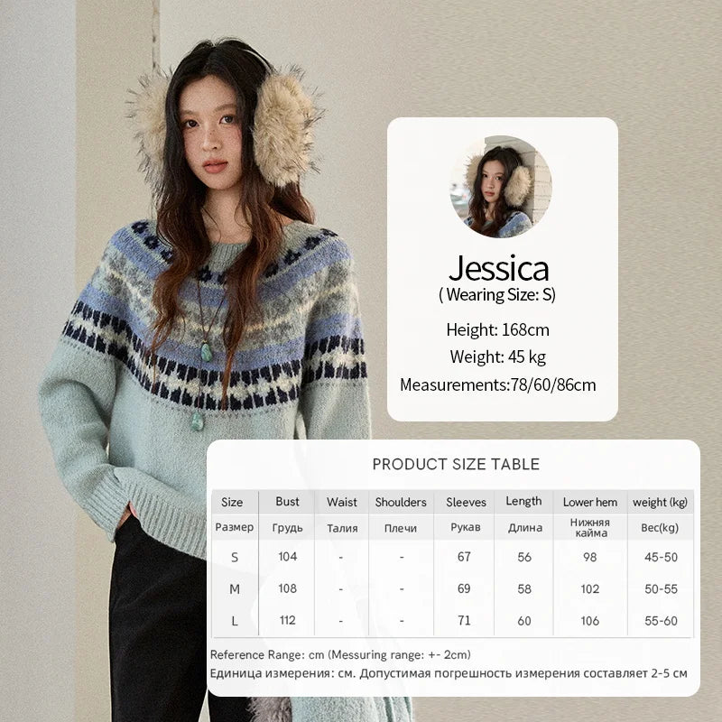 MISHOW Women's Blue Fair Isle Sweater 2025 Winter Geometric Jacquard Loose Retro Wool Blend Knit Pullovers Sweaters MXE87Z2767