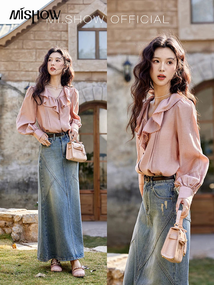 MISHOW Lotus Leaf Collar Shirt Bubble Sleeves Pink Shirt for Women Spring 2025 Sweet Chiffon Top Temperament Shirts MXE12X1702