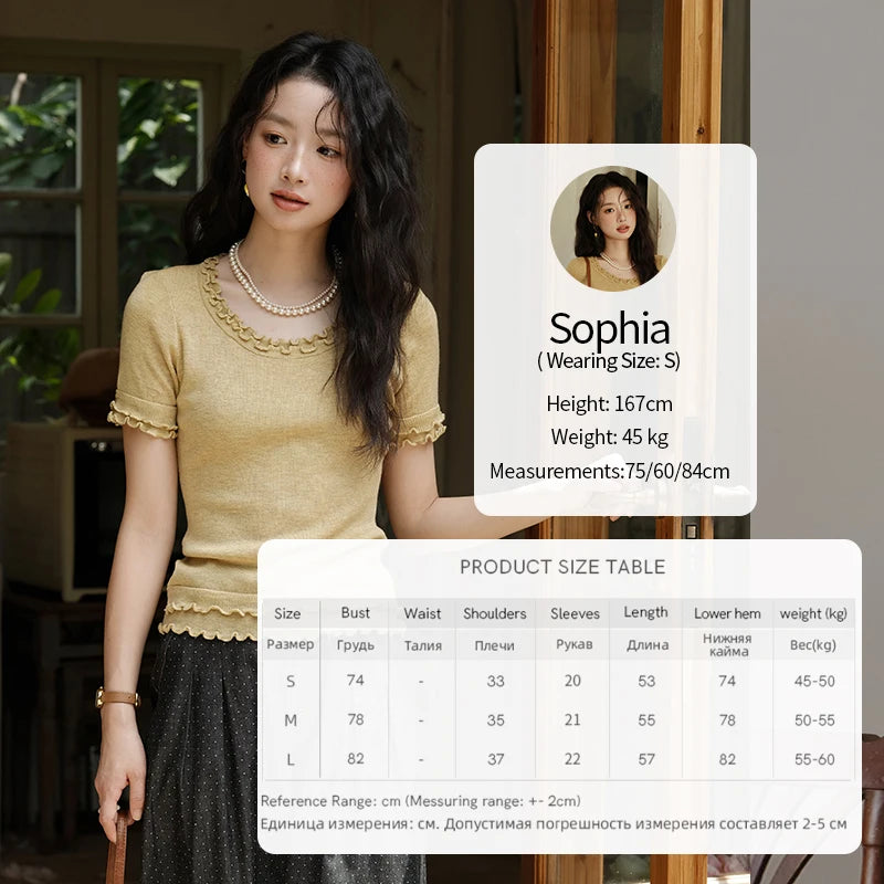 MISHOW Women's Round Neck Knit T-shirt Summer 2025 Fashion Ear Edge Short Top Casual Short Sleeve Tee Female Clothing MXE32Z1233