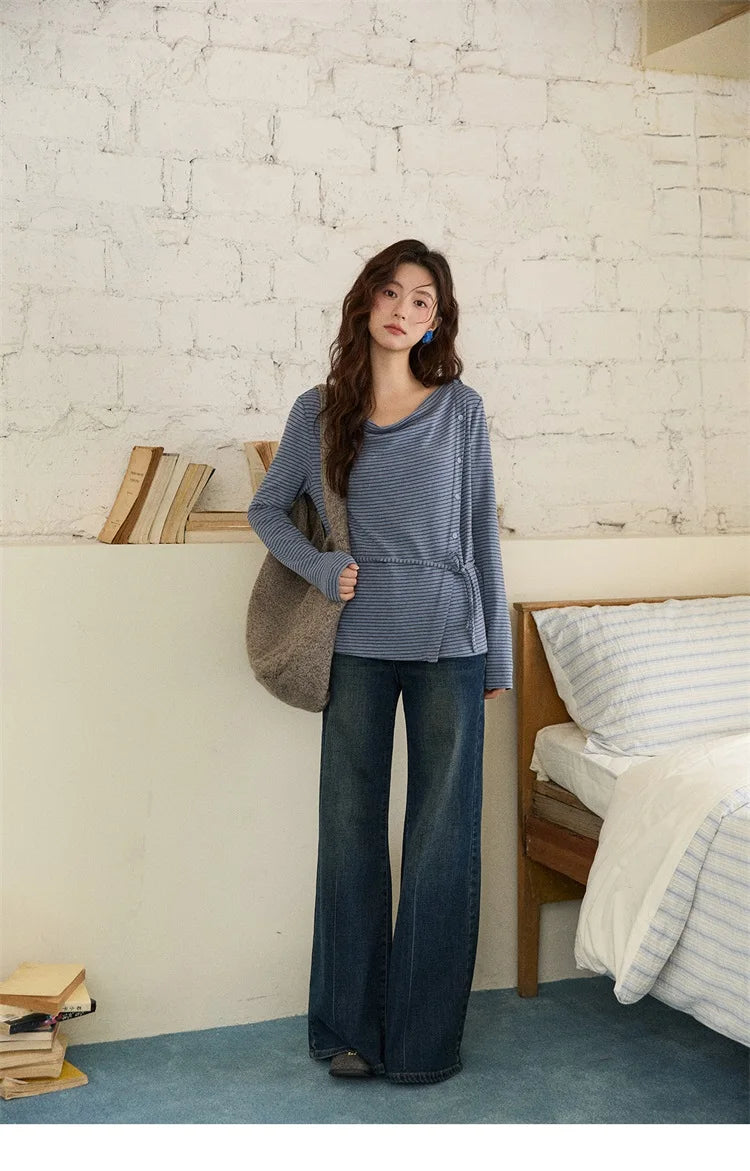 Mishow Retro Crew Neck Tie-Up Striped Top MXE87Z2700