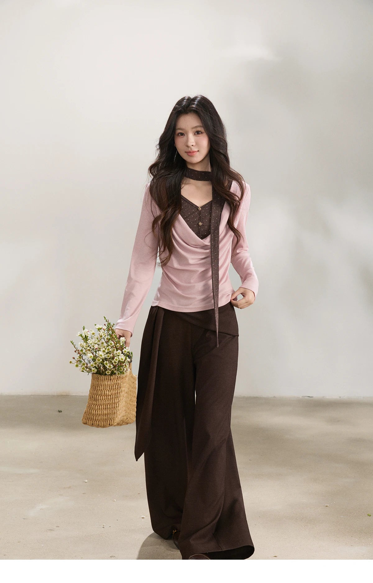 MISHOW Women's Wool Blend Fake Two Piece Draped Neck Knit Top 2026 Spring Wave Point Ribbon Contrast Color Casual Top MXF13Z2977