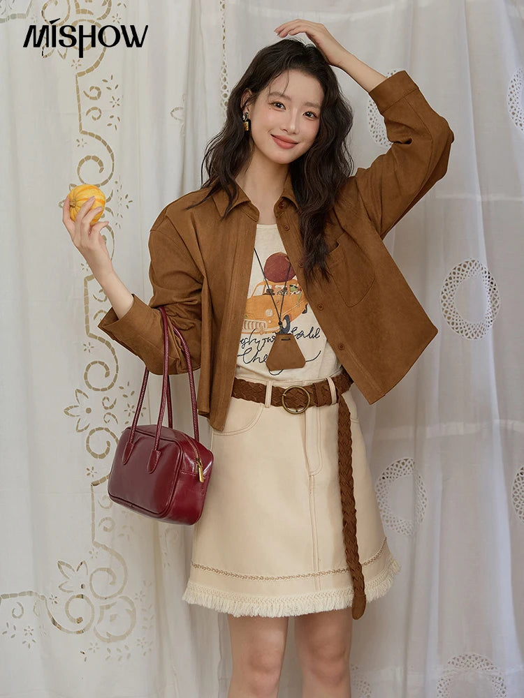 MISHOW Autumn Women's Jacket Retro Turn Down Collar Short Jacket Dropped Patch Pocket Casual Outerwear with Pendant MXE45C2413