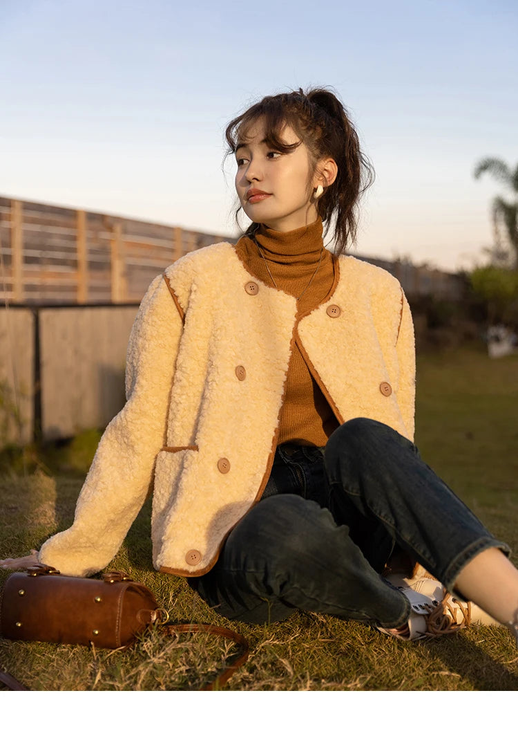 MISHOW Lamb Wool Coat 2023 Double Breasted Winter French Lambswool Jacket Women's Thick Warm Solid New Outerwears MXB45W0850