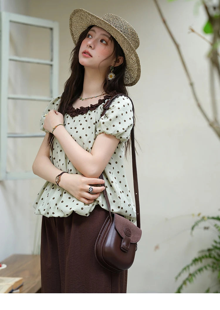 MISHOW 2025 Summer Women's Two Piece Set Polka Dot Puff Sleeve Top Casual Pocket Wide Leg Pants Set Female Clothing MXE39T0657