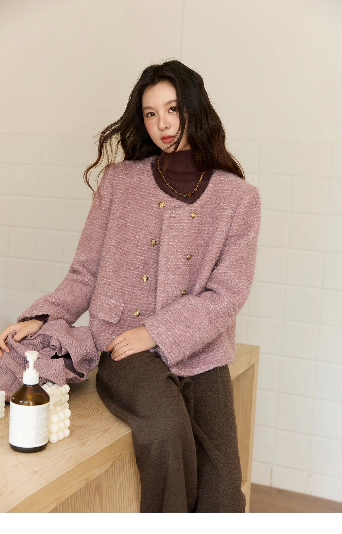 MISHOW Wool Coat Woman 2025 Purple Luxury O-neck Double-breasted Tweed Coat Commute Short Jacket Winter Clothes MXE88W0881