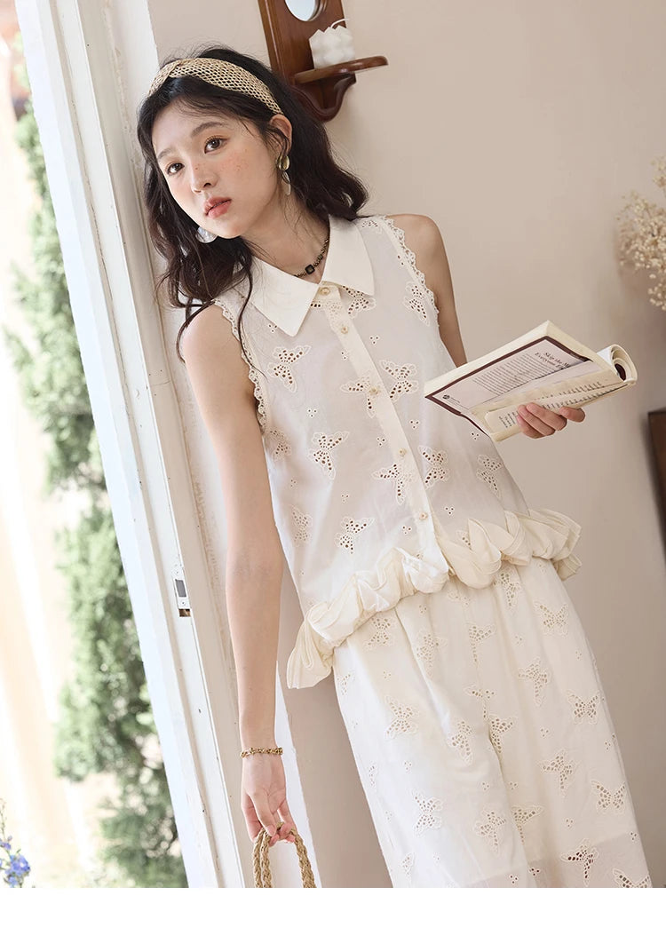 MISHOW 100 Cotton Butterfly Hollow Lace Lapel Shirt for Women Single Breasted Elegant Breathable Shirts with Tube Top MXE34X1808