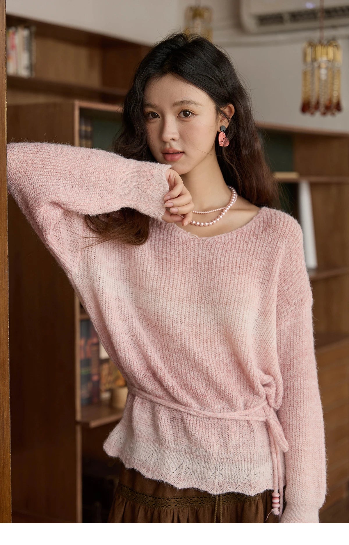 MISHOW Women's Pink Gradient Knitted Top 2025 Autumn French Wool Blend Ribbed Cuff Long Sleeve Tops with Knitted Rope MXE43Z1334