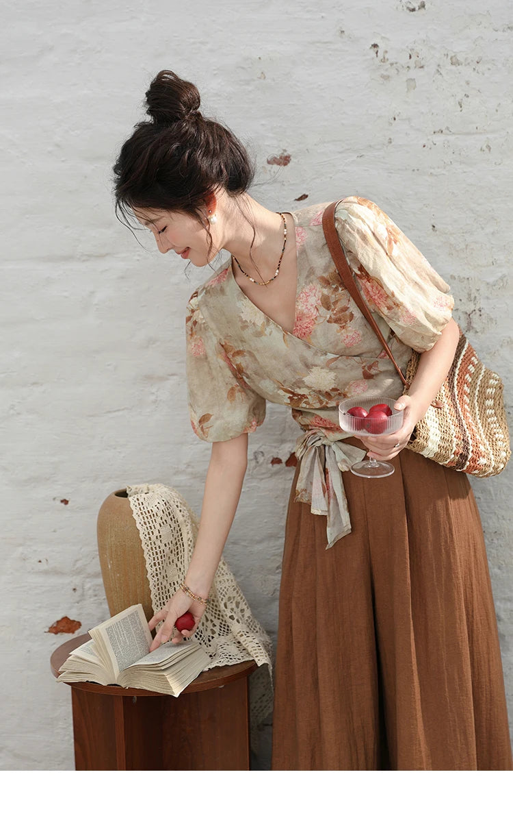 MISHOW French V-neck Floral Tops 2024 Summer Retro Short Sleeved Blouses Female Puff Sleeve Hem Strap One Piece Top MXD28X1619