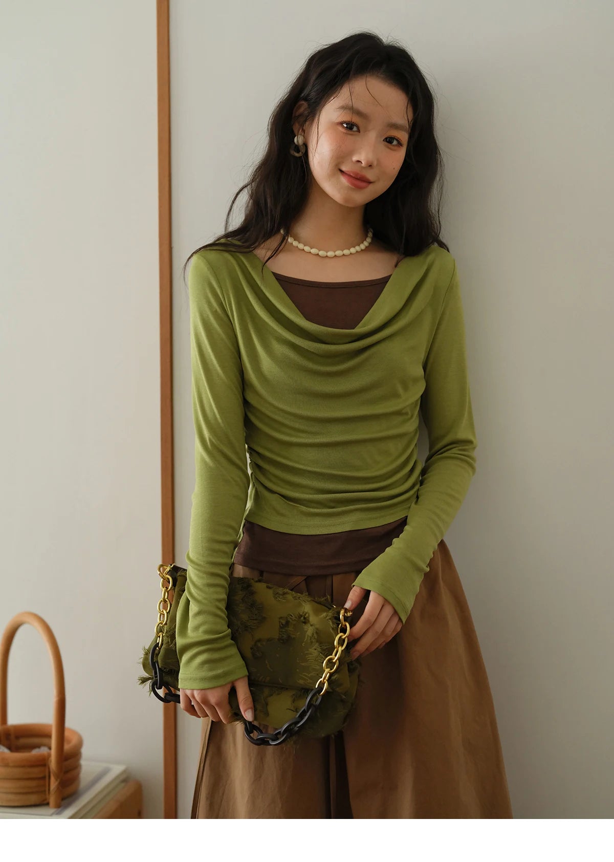 MISHOW Autumn Brown Cotton Bud Skirt 2025 Autumn Elastic Drawstring High Waist Slim A-line Casual Skirt with Pocket MXE41B2367