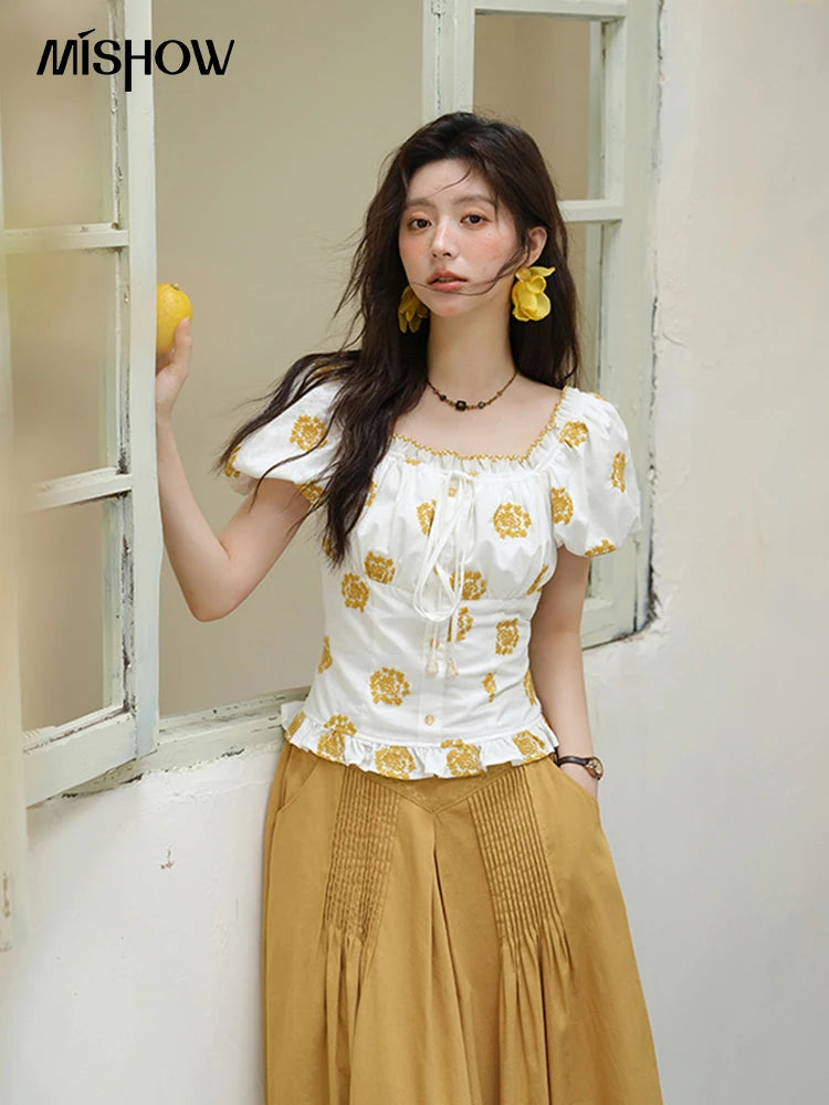 MISHOW Yellow Flower Embroidery Blouse Puff Sleeve Lace Up MXE35X1811