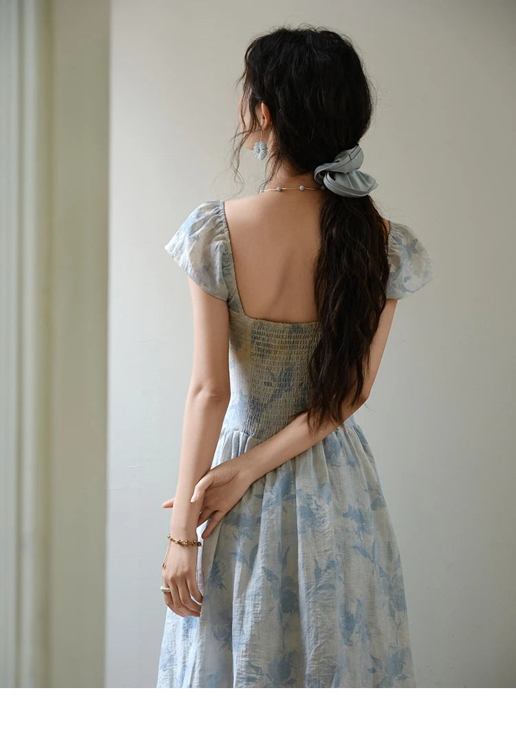 MISHOW Women's Fashion Print Dress 2025 Summer Square Neck Flying Sleeve Vacation High Waist Dresses Women's Clothing MXE35L2274