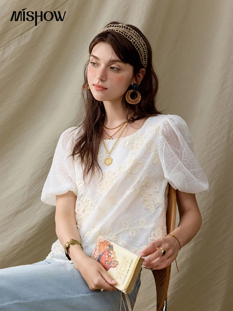 MISHOW French Summer Blouses Women New 2025 Short Puff Sleeve Round Neck Jacquard Flower Slim Shirts Woman Versatile MXE32X1772