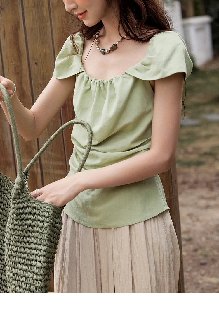 MISHOW French Summer Shirt Women 2025 New Short Flying Sleeve Square Collar Solid Slimming Blouses Female Versatile MXE34X1804