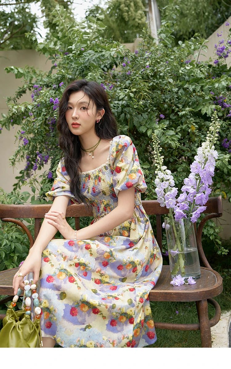 MISHOW Floral Smocked Midi Dresses for Women 2025 Summer Puff Short Sleeve Beach Vacation Beach French Retro Dress MXD24L1905