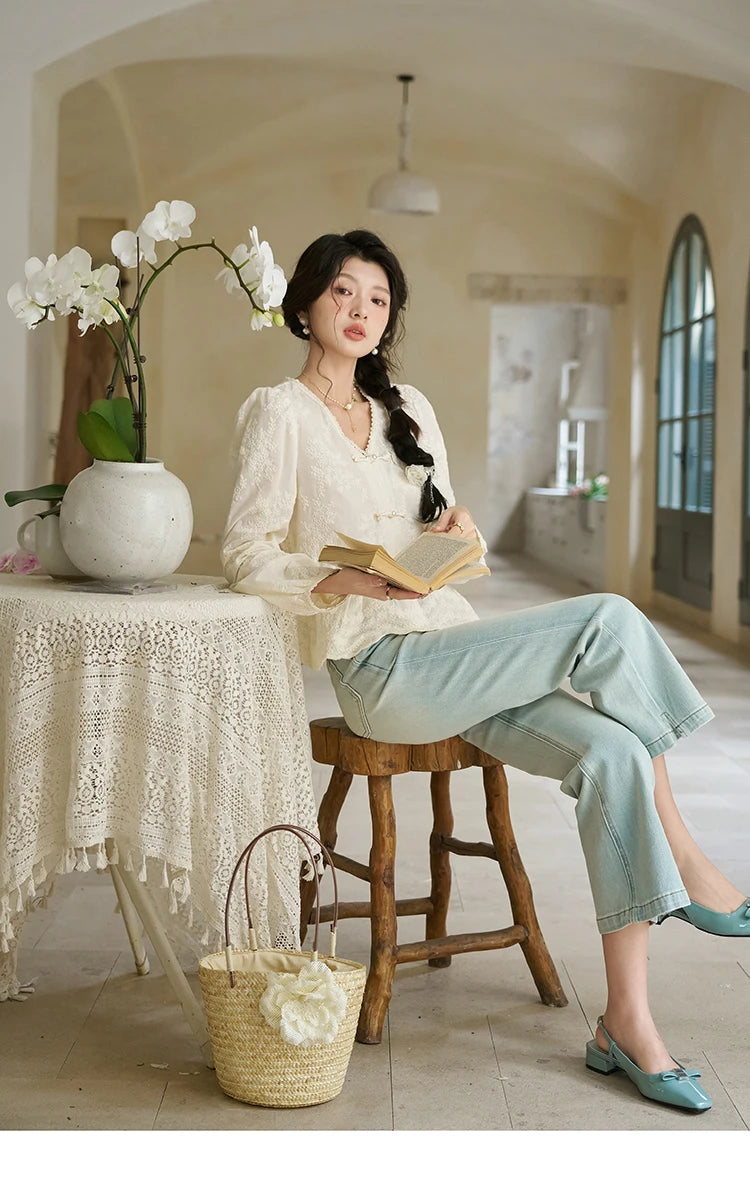 MISHOW Chinese Lace Blouses French Sweet Three-dimensional Embroidery Spring 2024 Button Up V-neck Long Sleeved Top MXD14X1433